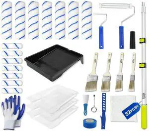 32PCS Paint Roller Kit with Extension Pole - 2 to 4 FT Pole, 4 inch 9 inch Paint Rollers, Paint Brushes for Walls, Painters Tape & Drop Cloth, Microfiber Roller Covers for Professional Painting 32PCS Paint Roller Kit with Extension Pole - 2 to 4 FT Pole, 4 inch 9 inch Paint Rollers, Paint Brushes for Walls, Painters Tape & Drop Cloth, Microfiber Roller Covers for Professional Painting