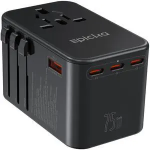 Universal Travel Adapter, GaN 75W International Plug Adapter with 3 USB-C PD Fast Charging & 2 USB-A Quick Charging Adaptor All-in-one Wall Charger for USA EU UK AUS (TA-105 Max, Black) Universal Travel Adapter, GaN 75W International Plug Adapter with 3 USB-C PD Fast Charging & 2 USB-A Quick Charging Adaptor All-in-one Wall Charger for USA EU UK AUS (TA-105 Max, Black)