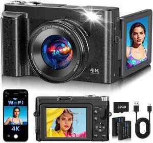 4K Digital Camera 64MP WiFi 180° Flip Screen Autofocus Compact, Black 4K Digital Camera 64MP WiFi 180° Flip Screen Autofocus Compact, Black