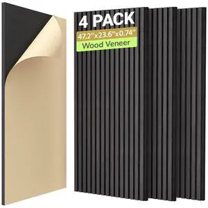 4-Pack Acoustic Wood Veneer Wall Panels, 47.2 * 23.6 * 0.74 3D Self-Adhesive Panel, Dual Layer Soundproof Tiles for Echo Absorption, Decorative Acoustical Barrier, Blackwood Veneer 4-Pack Acoustic Wood Veneer Wall Panels, 47.2 * 23.6 * 0.74 3D Self-Adhesive Panel, Dual Layer Soundproof Tiles for Echo Absorption, Decorative Acoustical Barrier, Blackwood Veneer