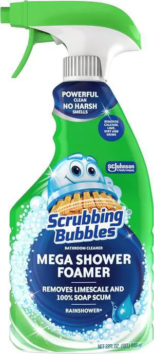 Scrubbing Bubbles Mega Bathroom and Shower Cleaner Spray, Foaming Action Removes Limescale and Soap Scum, Rainshower Scent, 32oz Scrubbing Bubbles Mega Bathroom and Shower Cleaner Spray, Foaming Action Removes Limescale and Soap Scum, Rainshower Scent, 32oz