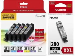 CLI-281 5-Color Ink Tank Combo Pack with 5 x 5" Photo Paper (2091C006) + PGI-280 XXL Pigment Black Ink Tank (1967C001) CLI-281 5-Color Ink Tank Combo Pack with 5 x 5" Photo Paper (2091C006) + PGI-280 XXL Pigment Black Ink Tank (1967C001)