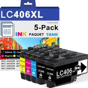 LC406XL Ink Cartridges 5-Pack (2BK/C/M/Y) Replacement for LC406XL High Yield Ink Cartridges for use with MFC-J4535DW MFC-J4335DW MFC-J5855DW MFC-J6555DW Printers LC406XL Ink Cartridges 5-Pack (2BK/C/M/Y) Replacement for LC406XL High Yield Ink Cartridges for use with MFC-J4535DW MFC-J4335DW MFC-J5855DW MFC-J6555DW Printers