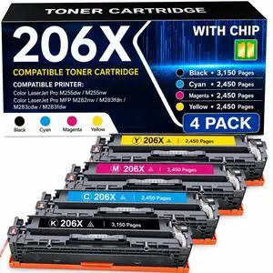 206X Toner Cartridges 4 Pack High Yield (with Chip) Compatible for HP 206X W2110X HP 206A Toner for Color LaserJet MFP M283fdw M283cdw M283 Pro M255dw M255 Printer Ink (Black Cyan Yellow Magenta) 206X Toner Cartridges 4 Pack High Yield (with Chip) Compatible for HP 206X W2110X HP 206A Toner for Color LaserJet MFP M283fdw M283cdw M283 Pro M255dw M255 Printer Ink (Black Cyan Yellow Magenta)