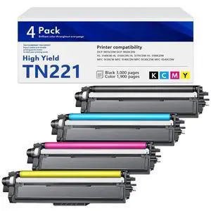 TN-221 Toner Cartridges 4 Pack TN221BK TN221C TN221M TN221Y Replacement for Brother TN225 TN221 4-Color Toner Cartridge Set Works with MFC-9340CDW MFC-9130CW HL-3170CDW HL-3140CW Printer TN-221 Toner Cartridges 4 Pack TN221BK TN221C TN221M TN221Y Replacement for Brother TN225 TN221 4-Color Toner Cartridge Set Works with MFC-9340CDW MFC-9130CW HL-3170CDW HL-3140CW Printer