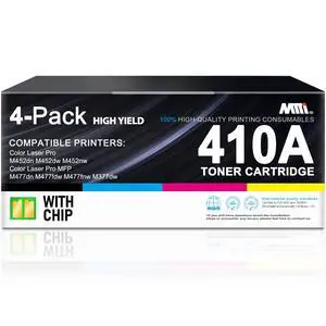 410A 410X Toner Cartridges 4 Pack Black Cyan Yellow Magenta with Chip, Compatible for HP, Works with HP Color Laser Pro MFP M477FDW M477FNW M477FDN M452DN M452DW M452NW M377DW Printers 410A 410X Toner Cartridges 4 Pack Black Cyan Yellow Magenta with Chip, Compatible for HP, Works with HP Color Laser Pro MFP M477FDW M477FNW M477FDN M452DN M452DW M452NW M377DW Printers