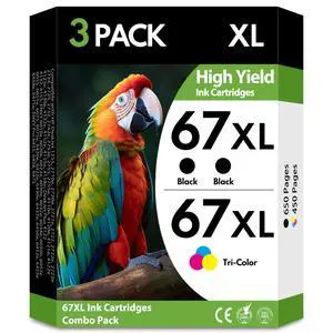 67XL Ink Cartridges 3 Pack, 2 Black and 1 Tri-Color High Yield Replacement for HP 67 67XL, Compatible with HP DeskJet 2755e 2855e 2700e 4155e 2734e 2827e 4100e and Envy 6055 6455e Printers 67XL Ink Cartridges 3 Pack, 2 Black and 1 Tri-Color High Yield Replacement for HP 67 67XL, Compatible with HP DeskJet 2755e 2855e 2700e 4155e 2734e 2827e 4100e and Envy 6055 6455e Printers