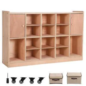 Mobile Storage Cabinet with 2 Cabinet Doors,Storage Cubby with 5 Anti-Flip Fittings, 4 Castors and 2 Boxes for Home,School,Kindergarten, Natural Mobile Storage Cabinet with 2 Cabinet Doors,Storage Cubby with 5 Anti-Flip Fittings, 4 Castors and 2 Boxes for Home,School,Kindergarten, Natural