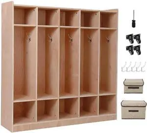 Wooden Kids Coat Locker Cabinet 5-Section, Classroom Daycare Preschool Storage Locker with 10 Cubbies, 5 Hooks, 2 Bins, 4 Rolling Casters & Anti-Tip Kit for Toddlers (Glazed Finish) Wooden Kids Coat Locker Cabinet 5-Section, Classroom Daycare Preschool Storage Locker with 10 Cubbies, 5 Hooks, 2 Bins, 4 Rolling Casters & Anti-Tip Kit for Toddlers (Glazed Finish)