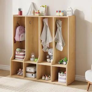 4-Section Classroom Coat Locker with 4 Cubbies, Cubby Storage Organizer with 8 Hooks for Home, School, Nursery, Kindergarten, Natural Oak 4-Section Classroom Coat Locker with 4 Cubbies, Cubby Storage Organizer with 8 Hooks for Home, School, Nursery, Kindergarten, Natural Oak