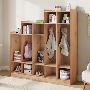 5-Section Classroom Coat Locker with 9 Cubbies, Cubby Storage Organizer with 10 Hooks for Home, School, Nursery, Kindergarten, Natural Wood 5-Section Classroom Coat Locker with 9 Cubbies, Cubby Storage Organizer with 10 Hooks for Home, School, Nursery, Kindergarten, Natural Wood