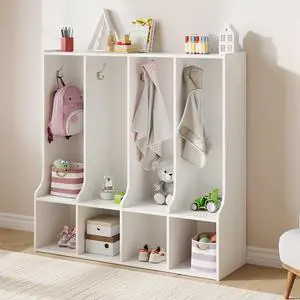 4-Section Classroom Coat Locker with 4 Cubbies, Cubby Storage Organizer with 8 Hooks for Home, School, Nursery, Kindergarten, White 4-Section Classroom Coat Locker with 4 Cubbies, Cubby Storage Organizer with 8 Hooks for Home, School, Nursery, Kindergarten, White