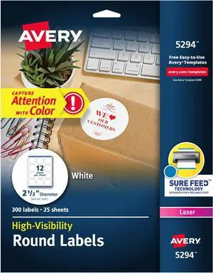 Round Printable Labels, 2.5" Diameter, Matte White, Sure Feed Technology, Laser & Inkjet Compatible, 300 Blank Labels, Great for Branding, Packages, School Supplies,and More (5294) (Pack of 10) Round Printable Labels, 2.5" Diameter, Matte White, Sure Feed Technology, Laser & Inkjet Compatible, 300 Blank Labels, Great for Branding, Packages, School Supplies,and More (5294) (Pack of 10)