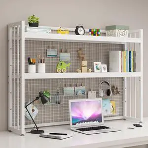 Wood Desk Hutch Bookshelf with Metal Grid, Desktop Bookcase with Adjustable Height Tabletop Shelf Organizer Rack with Large Capacity White for Study Room Dormitory Wood Desk Hutch Bookshelf with Metal Grid, Desktop Bookcase with Adjustable Height Tabletop Shelf Organizer Rack with Large Capacity White for Study Room Dormitory
