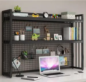 Desk Hutch Bookshelf with Adjustable Height, Desktop Book Shelf with Metal Grid Tabletop Display Shelf Organizer with Large Capacity Black for Home Dormitory Desk Hutch Bookshelf with Adjustable Height, Desktop Book Shelf with Metal Grid Tabletop Display Shelf Organizer with Large Capacity Black for Home Dormitory