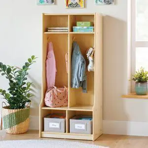 EdQ 2-Section Wooden Storage Locker with Bench Seat for Classroom, Kids Cubby Organizer with Shelves and Hooks for Coats, Divided Playroom Storage with Bins EdQ 2-Section Wooden Storage Locker with Bench Seat for Classroom, Kids Cubby Organizer with Shelves and Hooks for Coats, Divided Playroom Storage with Bins