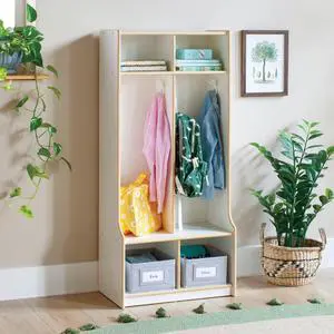 EdQ 2-Section Wooden Storage Locker with Bench Seat for Classroom, Kids White Cubby Organizer with Shelves and Hooks for Coats, Divided Playroom Storage with Bins EdQ 2-Section Wooden Storage Locker with Bench Seat for Classroom, Kids White Cubby Organizer with Shelves and Hooks for Coats, Divided Playroom Storage with Bins