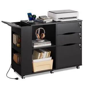 3 Drawer Lateral Rolling File Cabinet with Lock (Black) | Wood, Charging Station, Open Storage Shelves, Letter & A4 Files, Printer Stand, Home Office 3 Drawer Lateral Rolling File Cabinet with Lock (Black) | Wood, Charging Station, Open Storage Shelves, Letter & A4 Files, Printer Stand, Home Office
