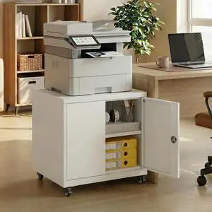 23.6 H Metal Printer Stand with Lockable Storage Cabinet & Wheels, Heavy Duty Rolling Printer Cart with Adjustable Shelf, Large Printer Table for Home Office, Under Desk Printer Cabinet, White 23.6 H Metal Printer Stand with Lockable Storage Cabinet & Wheels, Heavy Duty Rolling Printer Cart with Adjustable Shelf, Large Printer Table for Home Office, Under Desk Printer Cabinet, White