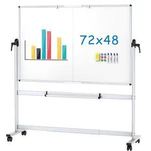 Double-Sided Mobile Whiteboard, 72 x 48 Inches, Magnetic Rolling Dry Erase White Board on Wheels with Aluminium Frame and Stand 6' x 4' Double-Sided Mobile Whiteboard, 72 x 48 Inches, Magnetic Rolling Dry Erase White Board on Wheels with Aluminium Frame and Stand 6' x 4'
