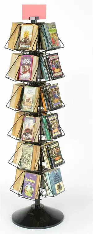 Rotating Book Display Rack, Floor Standing Wire Spinner Rack with 24 Pockets for Small Books, Comics or DVDs, 360 Degree Book Rack with Sign Holder (WSFB624OP) Rotating Book Display Rack, Floor Standing Wire Spinner Rack with 24 Pockets for Small Books, Comics or DVDs, 360 Degree Book Rack with Sign Holder (WSFB624OP)