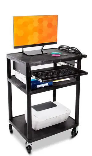 Line Leader Plastic AV Cart with Keyboard Tray, Mobile Workstation with Storage For Offices and Schools, Rolling with 4 Casters, 2 Locking Brakes, Heavy Duty, Holds up to 100 lbs (Black, 24 x 18 x 34) Line Leader Plastic AV Cart with Keyboard Tray, Mobile Workstation with Storage For Offices and Schools, Rolling with 4 Casters, 2 Locking Brakes, Heavy Duty, Holds up to 100 lbs (Black, 24 x 18 x 34)
