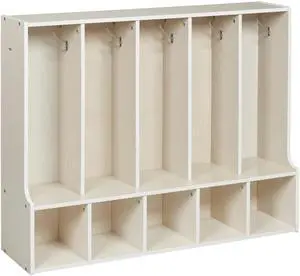 Streamline 5-Section Toddler Coat Locker with Bench, Classroom Furniture, White Wash Streamline 5-Section Toddler Coat Locker with Bench, Classroom Furniture, White Wash