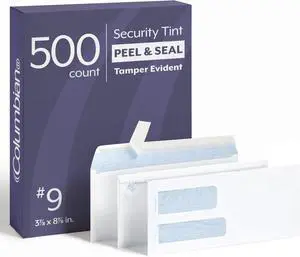 #9 Security Envelopes, 500/Box, Double Window, 3-7/8" x 8-7/8", Release & Seal Self Seal, SimplySafe Tamper Evident, White (COLO183) (Pack of 5) #9 Security Envelopes, 500/Box, Double Window, 3-7/8" x 8-7/8", Release & Seal Self Seal, SimplySafe Tamper Evident, White (COLO183) (Pack of 5)
