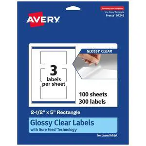 Glossy Clear Rectangle Labels, Sure Feed Technology, 2.5" x 5", 300 Glossy Clear Labels, Print-to-The-Edge, Laser/Inkjet Printable Glossy Clear Rectangle Labels, Sure Feed Technology, 2.5" x 5", 300 Glossy Clear Labels, Print-to-The-Edge, Laser/Inkjet Printable