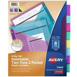 Big Tab Insertable Plastic 2 Pocket Dividers for 3 Ring Binders, 8 Tab Set, Bright Two-Tone Multicolor, Works with Sheet Protectors, 1 Set (11989), Pack of 24 Big Tab Insertable Plastic 2 Pocket Dividers for 3 Ring Binders, 8 Tab Set, Bright Two-Tone Multicolor, Works with Sheet Protectors, 1 Set (11989), Pack of 24