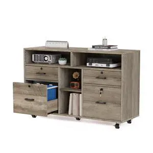 Wide 4 Drawer File Cabinet with Lock, Rustic Grey Rolling File Cabinet with Open Shelves, Lockable Printer Stand, Letter Sized Wide 4 Drawer File Cabinet with Lock, Rustic Grey Rolling File Cabinet with Open Shelves, Lockable Printer Stand, Letter Sized