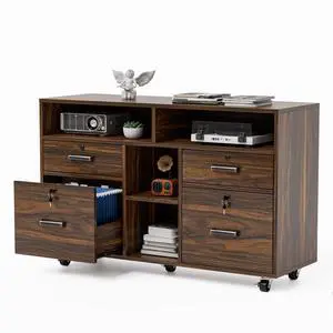 Dark Brown Wood Lateral File Cabinet with Lock, 4 Drawer & 4 Open Shelves, Rolling File Cabinet for Home Office, Letter Sized Dark Brown Wood Lateral File Cabinet with Lock, 4 Drawer & 4 Open Shelves, Rolling File Cabinet for Home Office, Letter Sized