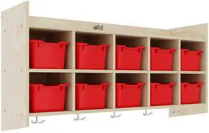 10-Section Hanging Coat Locker with Shelf and 10 Scoop Front Bins, Cubby Storage, Red 10-Section Hanging Coat Locker with Shelf and 10 Scoop Front Bins, Cubby Storage, Red