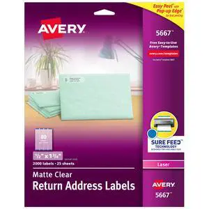 Matte Clear Return Address Labels, Sure Feed Technology, Laser, 1/2" x 1-3/4", 2,000 Labels, 5 Packs (5667) Matte Clear Return Address Labels, Sure Feed Technology, Laser, 1/2" x 1-3/4", 2,000 Labels, 5 Packs (5667)