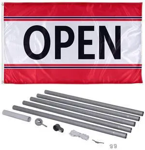 3ft x 5ft Open Flag with 20ft Flagpole Knitted Polyester Material with Canvas Header & 2 Metal Grommets, Open Banner with 100% Visibility on Both Sides, Printed in the USA 3ft x 5ft Open Flag with 20ft Flagpole Knitted Polyester Material with Canvas Header & 2 Metal Grommets, Open Banner with 100% Visibility on Both Sides, Printed in the USA