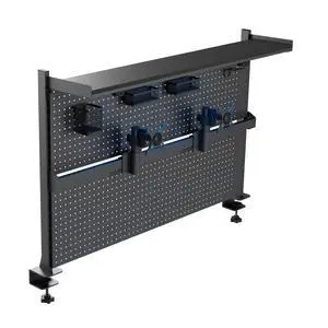 Desk Pegboard Dual Monitor Stand 59x34 Black | Large steel pegboard with dual monitor stands, LED lighting, privacy panel and modular accessories for gaming desks Desk Pegboard Dual Monitor Stand 59x34 Black | Large steel pegboard with dual monitor stands, LED lighting, privacy panel and modular accessories for gaming desks