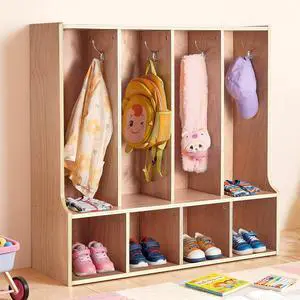 4-Section Coat Locker with Bench, Kids Lockers with 8 Hooks & Non-Slip Mat, Classroom Cubbies for Daycare, Home, Kindergarten- Natural 4-Section Coat Locker with Bench, Kids Lockers with 8 Hooks & Non-Slip Mat, Classroom Cubbies for Daycare, Home, Kindergarten- Natural
