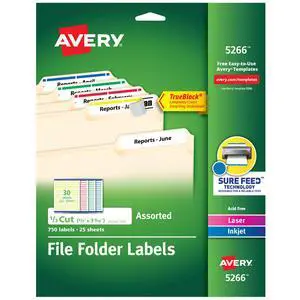 TrueBlock File Folder Labels, 2/3" x 3-7/16", Assorted Colors, 10 Packs, 7,500 Printable Labels (5266) TrueBlock File Folder Labels, 2/3" x 3-7/16", Assorted Colors, 10 Packs, 7,500 Printable Labels (5266)
