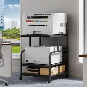 Printer Stand, 24''×24''×29'' Large Printer Table for Home Office with Locking Casters, Sturdy 3-Tier Rolling Cart with Adjustable Shelf, Mini Fridge Stand, Home Office Essentials, Black Printer Stand, 24''×24''×29'' Large Printer Table for Home Office with Locking Casters, Sturdy 3-Tier Rolling Cart with Adjustable Shelf, Mini Fridge Stand, Home Office Essentials, Black