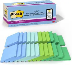 100% Recycled Paper Super Sticky Notes, 3 in. x 3 in., 24 Pads, 70 Sheets per Pad, Oasis Collection, School Supplies and Office Products (Pack of 8) 100% Recycled Paper Super Sticky Notes, 3 in. x 3 in., 24 Pads, 70 Sheets per Pad, Oasis Collection, School Supplies and Office Products (Pack of 8)