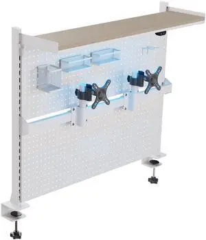 Desk Pegboard with Dual Monitor Stands, LED Metal Pegboard for Gaming Desk, Privacy Panel with 4 Accessories Modular Hanging, Computer Accessories for Office, 43 x 34 Inch, White Desk Pegboard with Dual Monitor Stands, LED Metal Pegboard for Gaming Desk, Privacy Panel with 4 Accessories Modular Hanging, Computer Accessories for Office, 43 x 34 Inch, White