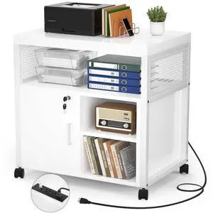 Rolling File Cabinet Lateral Office Filing Cabinets with Socket and USB Charging Port, Modern Printer Stand on Wheels, Printer Cabinet with Door and Open Storage, Lockable, White Rolling File Cabinet Lateral Office Filing Cabinets with Socket and USB Charging Port, Modern Printer Stand on Wheels, Printer Cabinet with Door and Open Storage, Lockable, White