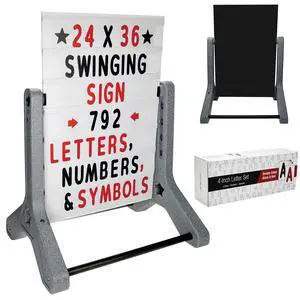 Swinging Changeable Message Sidewalk Sign: 24" x 36" Sign with 792 Pre-Cut Double Sided Letters and Storage Box. Includes Black Board & Letter Board (Granite Color Legs) Swinging Changeable Message Sidewalk Sign: 24" x 36" Sign with 792 Pre-Cut Double Sided Letters and Storage Box. Includes Black Board & Letter Board (Granite Color Legs)