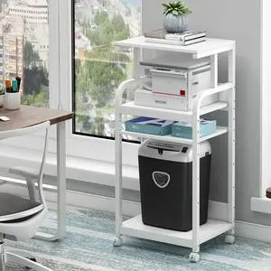 4 Tier White Printer Stand Table with Adjustable Shelves, Movable Printer Shredder Stand with Wheels for Home Office Storage and Organization, Rolling Cart for Computer Tower CPU 4 Tier White Printer Stand Table with Adjustable Shelves, Movable Printer Shredder Stand with Wheels for Home Office Storage and Organization, Rolling Cart for Computer Tower CPU