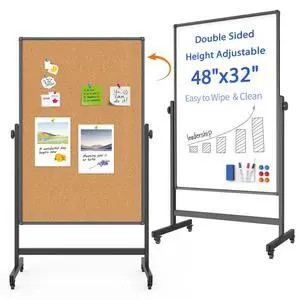 Double-Sided Whiteboard and Corkboard on Wheels, 48 x 32 Inch Magnetic Dry Erase Board with Adjustable Height Stand, Rolling Mobile Board for Office, Classroom, Presentation & Planning (Cork & Black) Double-Sided Whiteboard and Corkboard on Wheels, 48 x 32 Inch Magnetic Dry Erase Board with Adjustable Height Stand, Rolling Mobile Board for Office, Classroom, Presentation & Planning (Cork & Black)