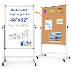 Double-Sided Whiteboard and Corkboard on Wheels, 48 x 32 Inch Magnetic Dry Erase Board with Adjustable Height Stand, Rolling Mobile Board for Office, Classroom, Presentation & Planning (Cork & White) Double-Sided Whiteboard and Corkboard on Wheels, 48 x 32 Inch Magnetic Dry Erase Board with Adjustable Height Stand, Rolling Mobile Board for Office, Classroom, Presentation & Planning (Cork & White)