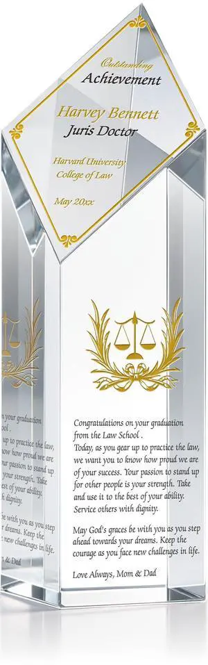 Personalized Law School Graduation Gift Custom Engraved Crystal Plaque with Scales of Justice Achievement Award for New Lawyers, Attorneys, and Law Graduates (L-9") Personalized Law School Graduation Gift Custom Engraved Crystal Plaque with Scales of Justice Achievement Award for New Lawyers, Attorneys, and Law Graduates (L-9")