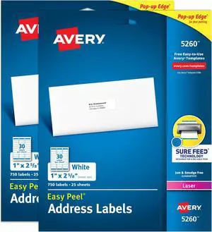 Address Labels 1 x 2-5/8 inch White | Easy Peel | Sure Feed Technology | For Laser Printers | Permanent Adhesive | 1,500 Labels, Pack of 5 Address Labels 1 x 2-5/8 inch White | Easy Peel | Sure Feed Technology | For Laser Printers | Permanent Adhesive | 1,500 Labels, Pack of 5