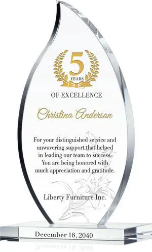 Personalized Crystal Flame Shaped Employee Recognition Award Custom Engraved Corporate Service Trophy with Name & Date for 5, 10, 15, 20+ Year Milestones (L - 9") Personalized Crystal Flame Shaped Employee Recognition Award Custom Engraved Corporate Service Trophy with Name & Date for 5, 10, 15, 20+ Year Milestones (L - 9")