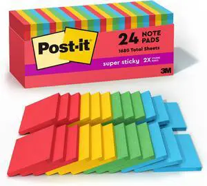 Super Sticky Notes, 24 Sticky Note Pads, 3 x 3 in., School Supplies and Office Products, Ideal for Textbooks, Notebooks, Walls and Vertical Surfaces, Playful Primaries Collection (Pack of 8) Super Sticky Notes, 24 Sticky Note Pads, 3 x 3 in., School Supplies and Office Products, Ideal for Textbooks, Notebooks, Walls and Vertical Surfaces, Playful Primaries Collection (Pack of 8)